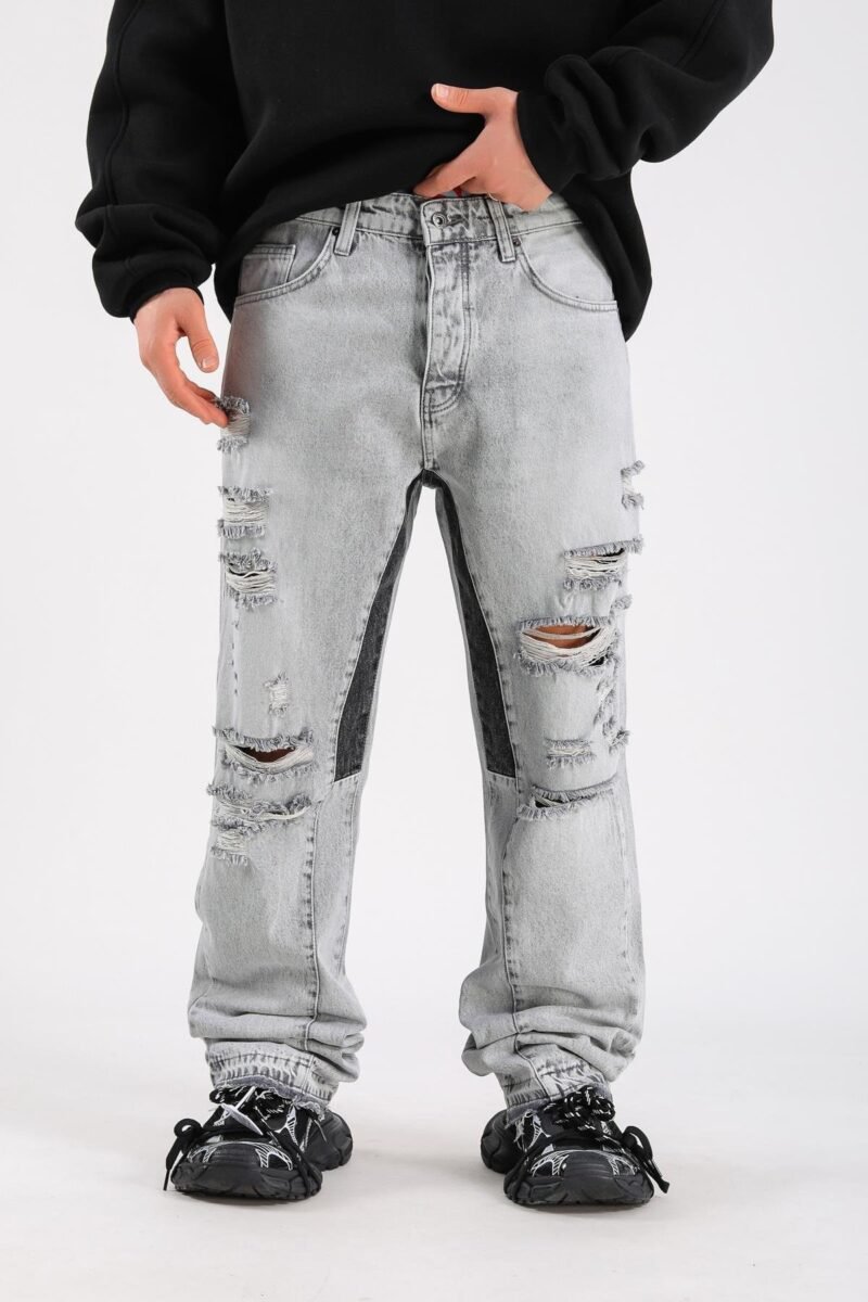 MAFIA RIPPED DETAIL ICE BLUE BAGGY JEANS