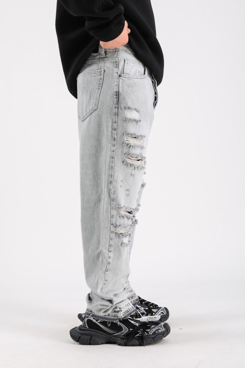 MAFIA RIPPED DETAIL ICE BLUE BAGGY JEANS - Image 5