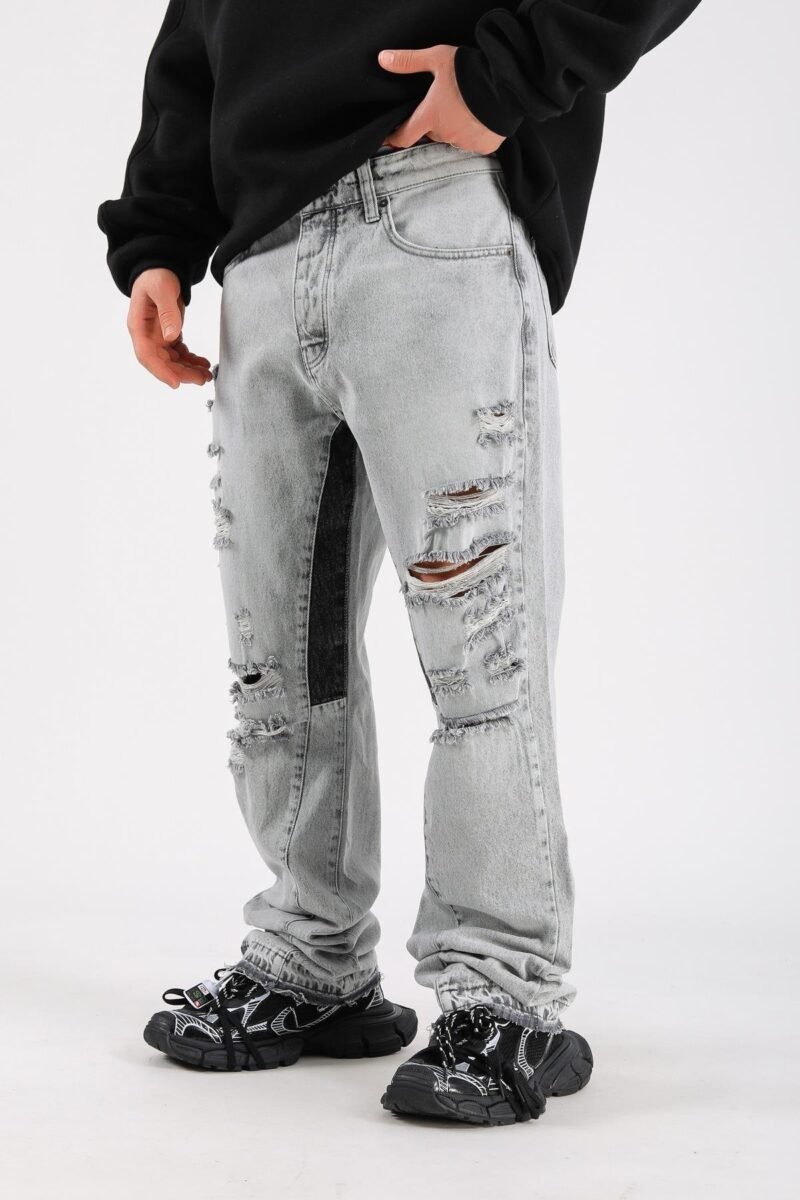 MAFIA RIPPED DETAIL ICE BLUE BAGGY JEANS - Image 3