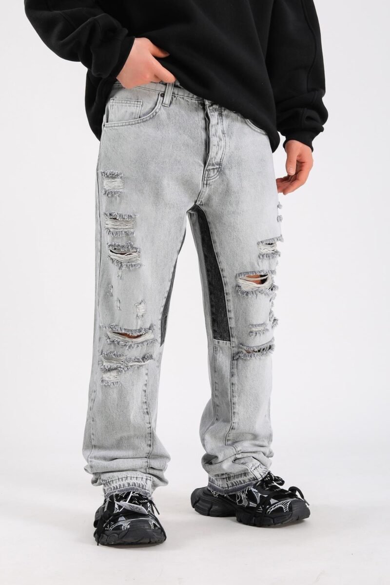 MAFIA RIPPED DETAIL ICE BLUE BAGGY JEANS - Image 4