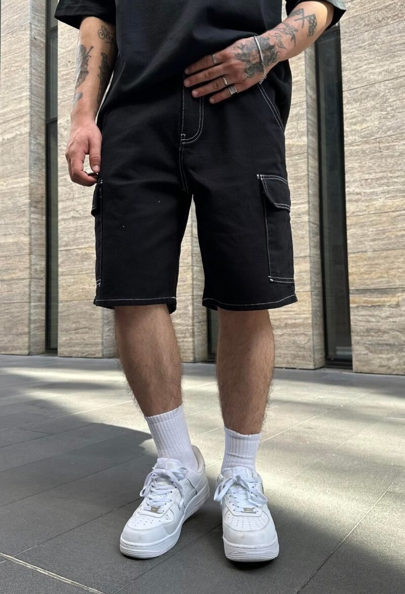 DIFRANSEL PREMIUM BLACK STITCHED DENIM SHORTS - Image 2