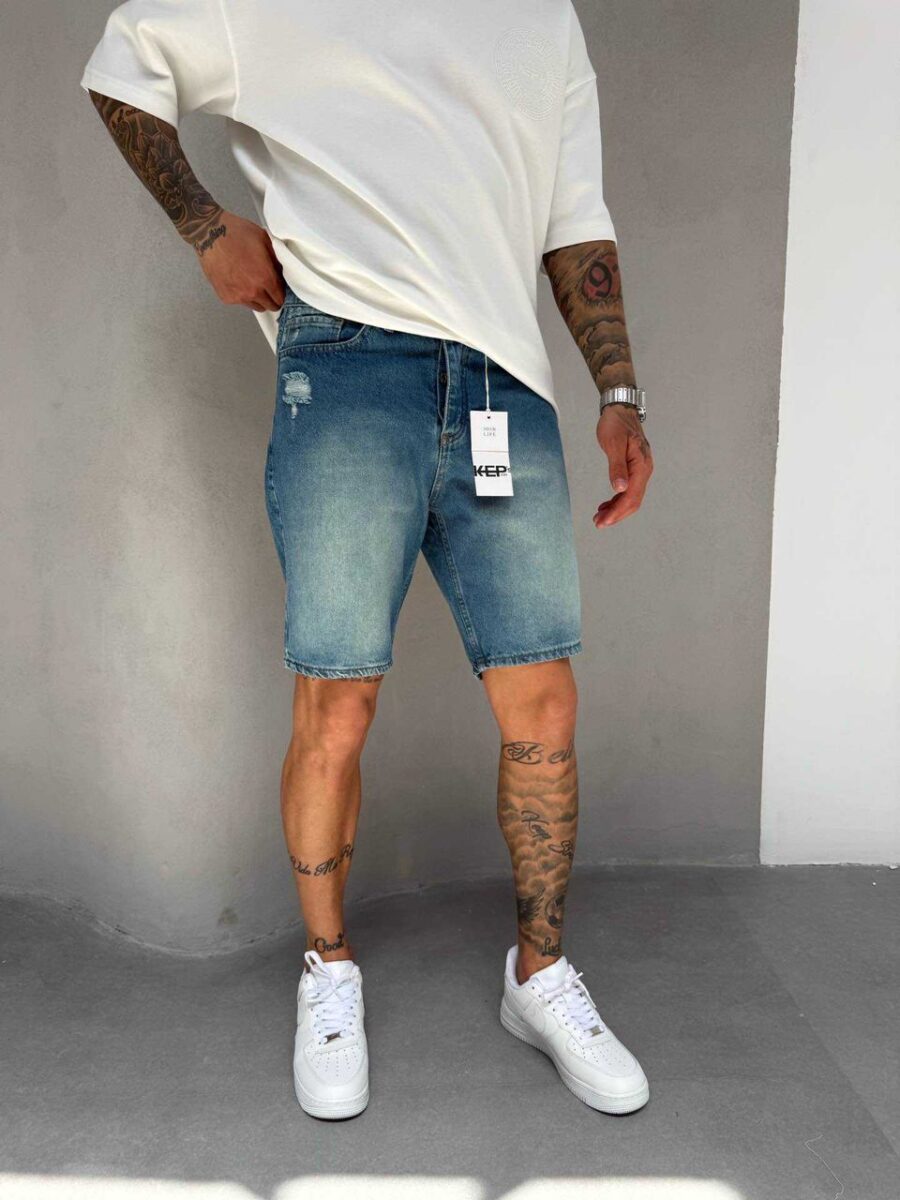 Slim Fit Denim Shorts - Vintage Blue Wash - Image 2