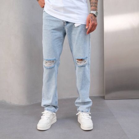 Light Wash Ripped Knee Straight Fit Jeans
