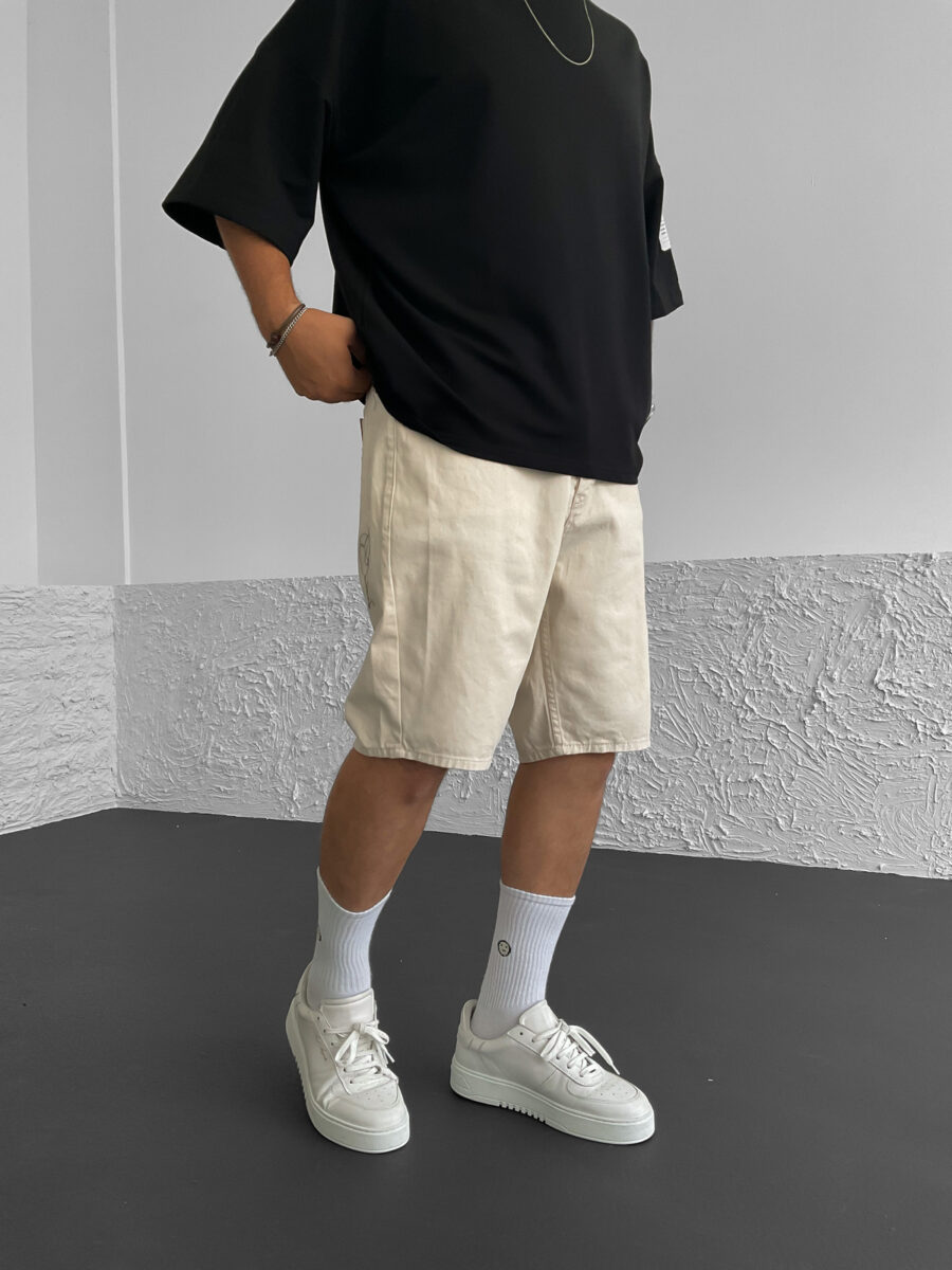 Relaxed Fit Basic Denim Shorts - Beige - Image 3