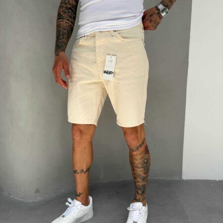 Relaxed Fit Basic Denim Shorts - Beige