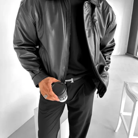 BLACK LEATHER BOMBER JACKET