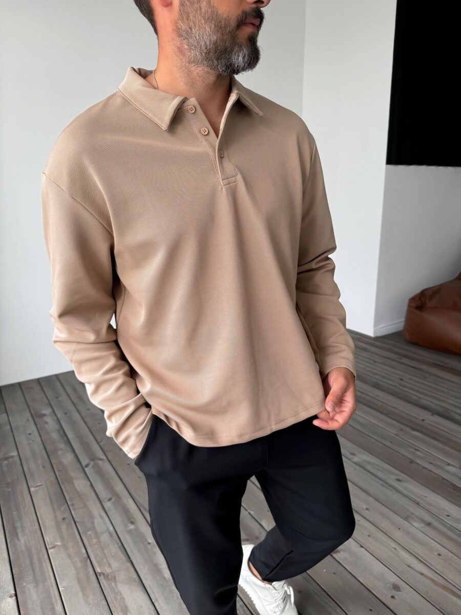 PREMIUM BEIGE BUTTONED LONG SLEEVE POLO - Image 3