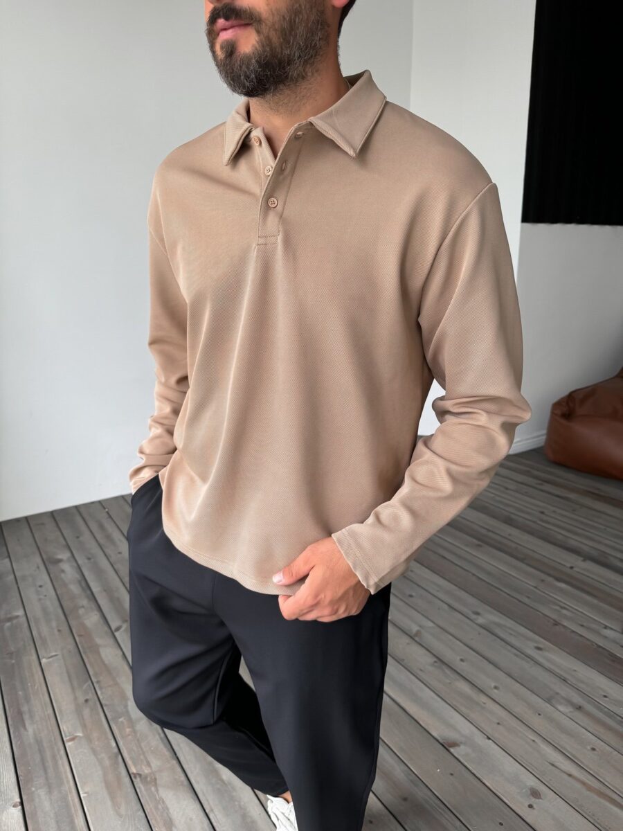 PREMIUM BEIGE BUTTONED LONG SLEEVE POLO - Image 5