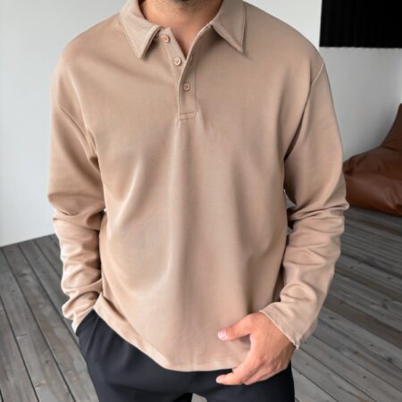 PREMIUM BEIGE BUTTONED LONG SLEEVE POLO