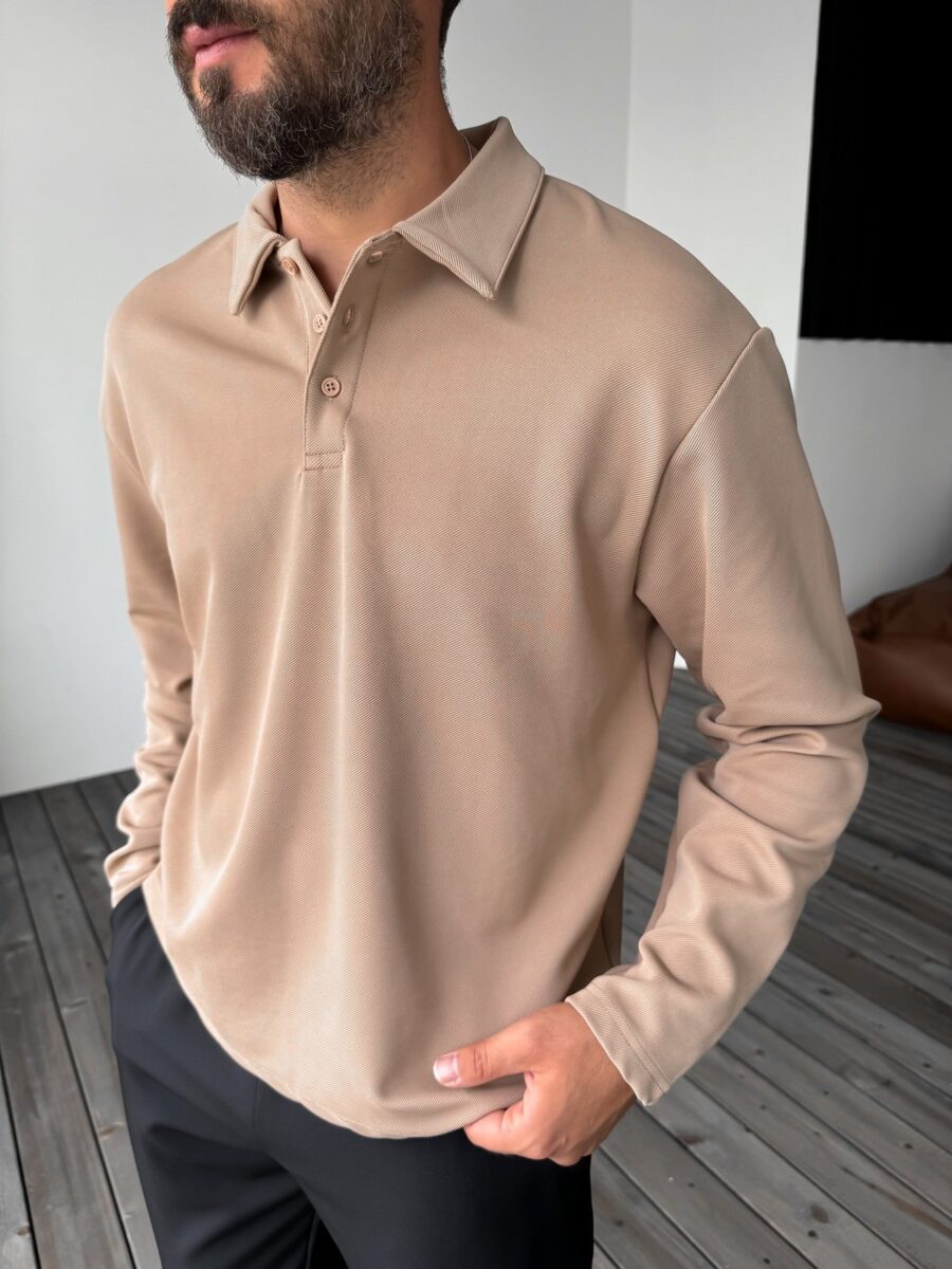PREMIUM BEIGE BUTTONED LONG SLEEVE POLO - Image 4