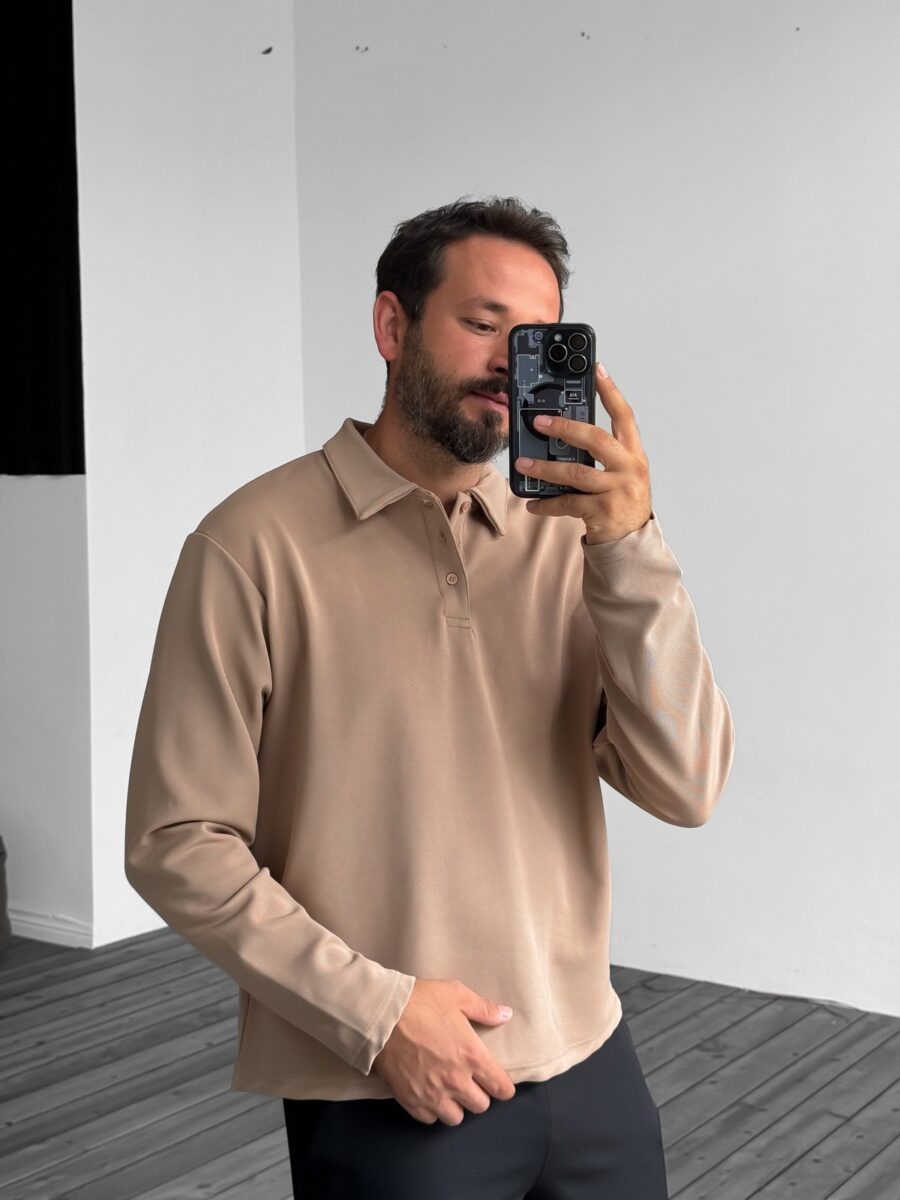 PREMIUM BEIGE BUTTONED LONG SLEEVE POLO - Image 2