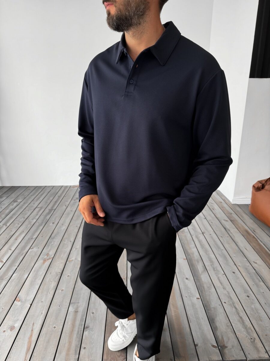 PREMIUM NAVY BLUE BUTTONED LONG SLEEVE POLO - Image 4
