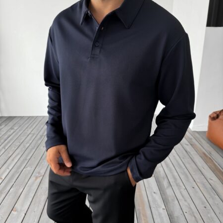 PREMIUM NAVY BLUE BUTTONED LONG SLEEVE POLO