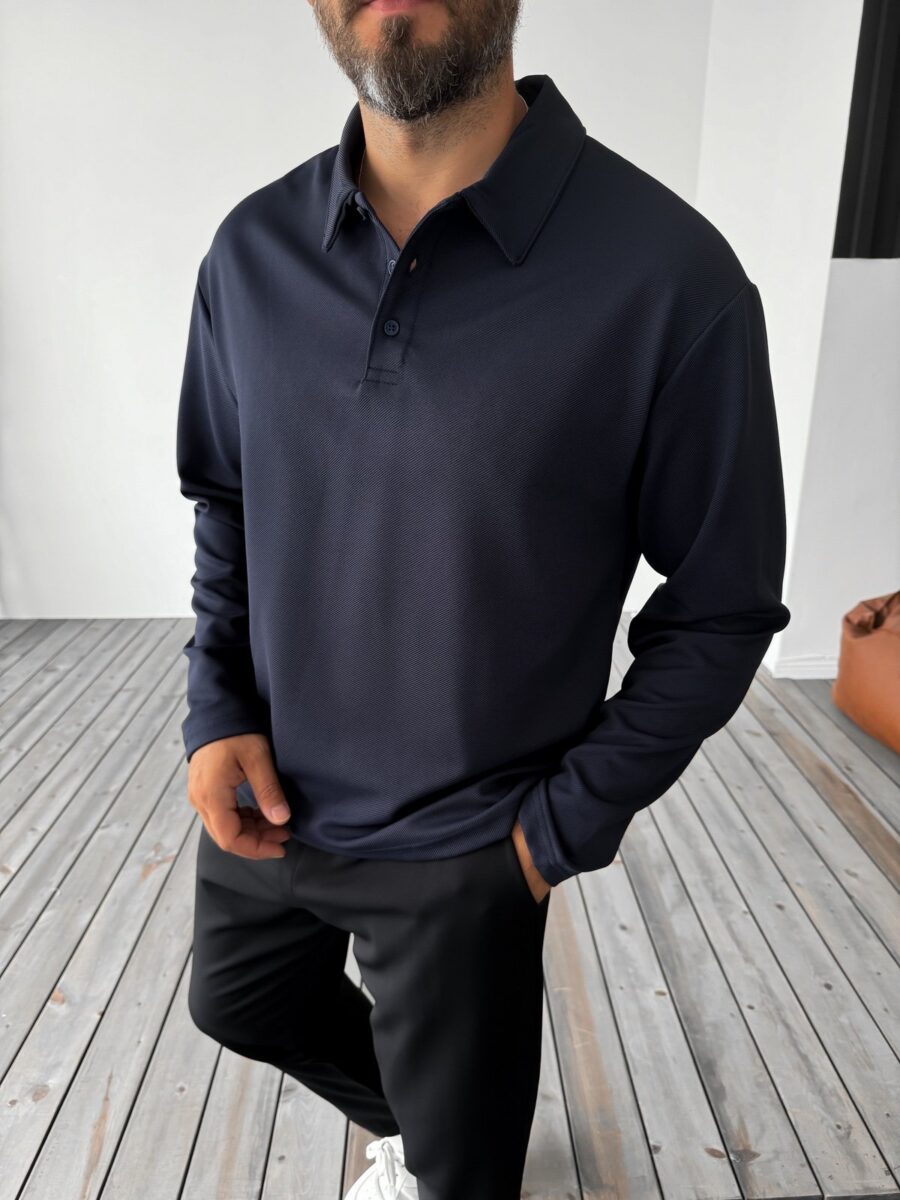 PREMIUM NAVY BLUE BUTTONED LONG SLEEVE POLO