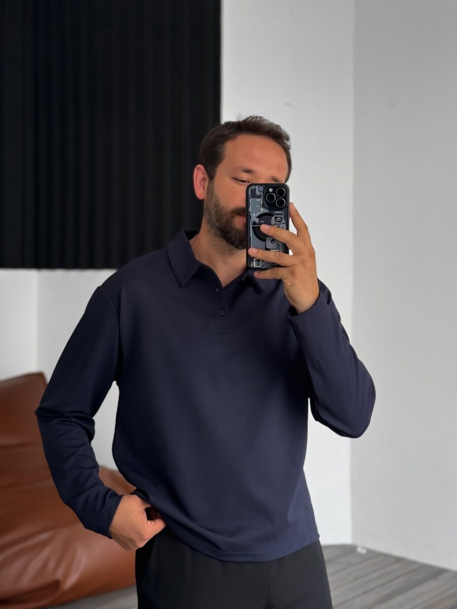 PREMIUM NAVY BLUE BUTTONED LONG SLEEVE POLO - Image 2