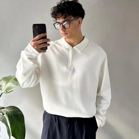 PREMIUM WHITE LONG-SLEEVE ZIPPER POLO