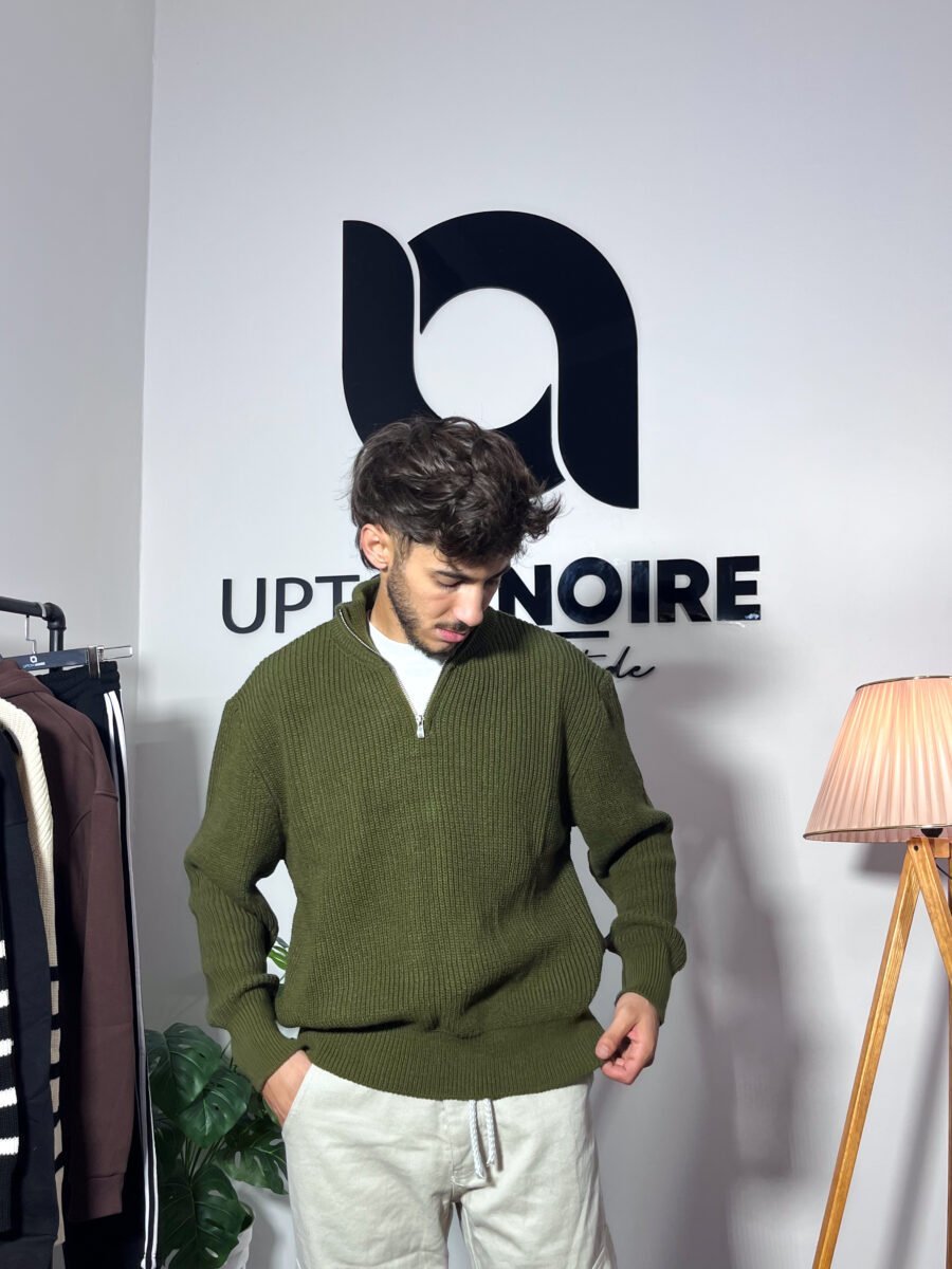Knit Zipped Polo Green Sweatshirt - Image 2