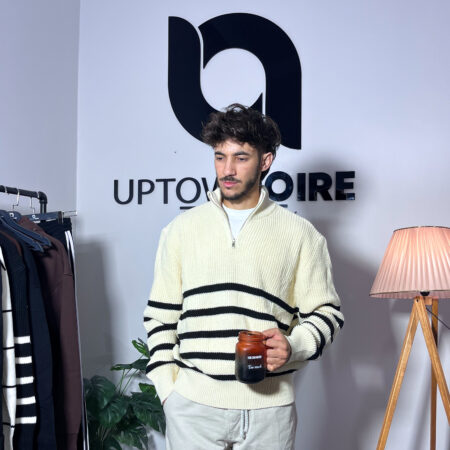 Knit Zipped Polo Beige And Black Sweatshirt