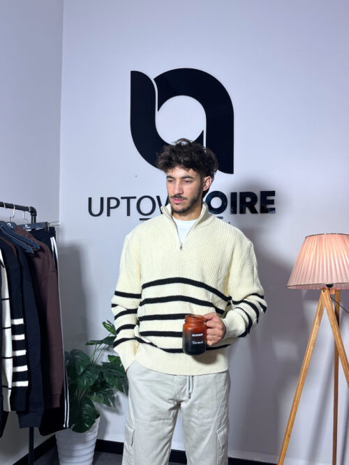 Knit Zipped Polo Beige And Black Sweatshirt