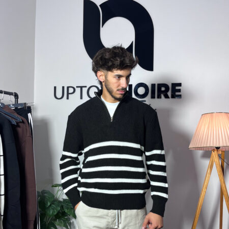 Knit Zipped Polo Black And White Sweatshirt