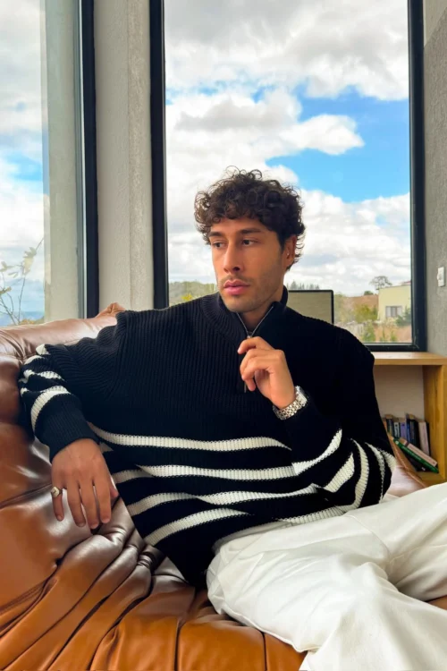 Knit Zipped Polo Black And White Sweatshirt