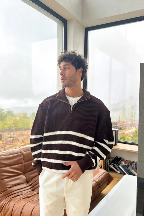 Striped Half Zip Knit Sweater