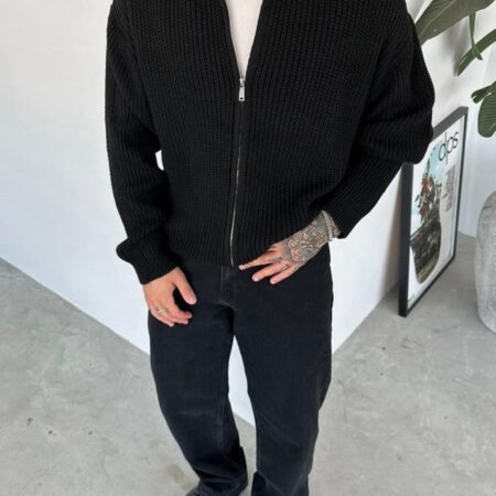 Black Full Zipper Basic Knit Sweater