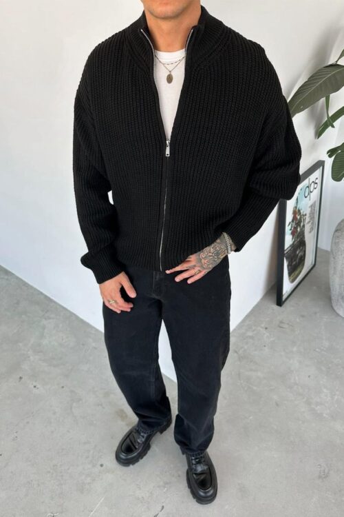Black Full Zipper Basic Knit Sweater