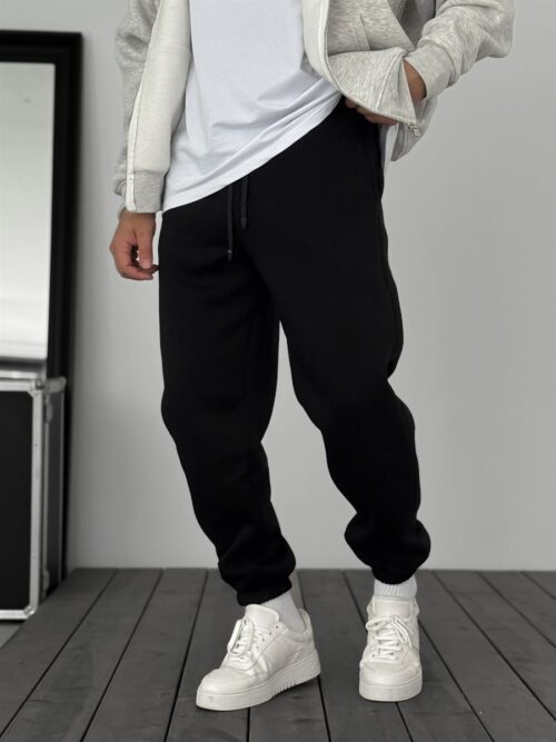 Black Sweatpants with Elasticated Cuffs and Brushed Fabric JJ-1406