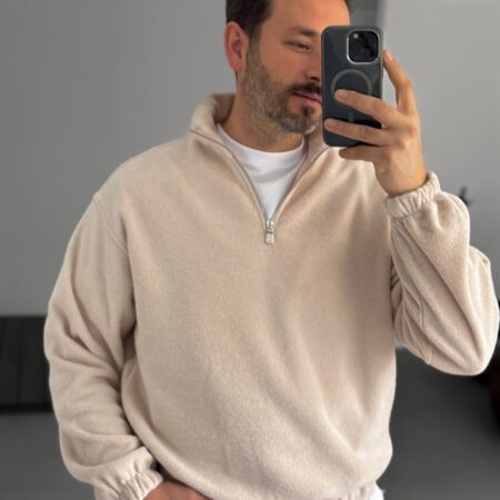 Beige Half-Zip Plush Sweatshirt JJ-173