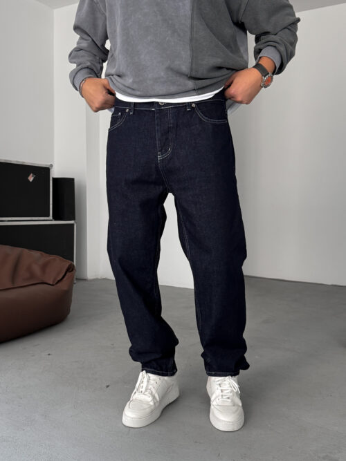 Navy Blue Stitched Basic Baggy Jeans