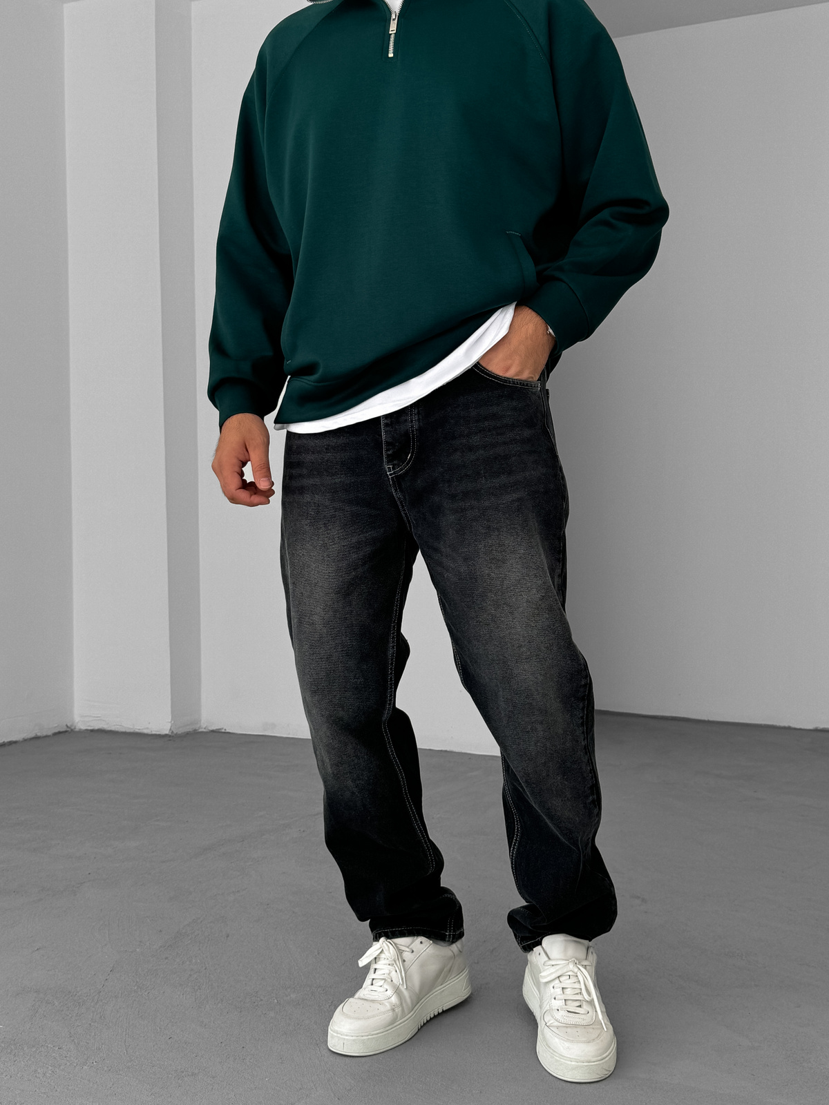 KE - Anthracite Stitched Washed Baggy Jeans