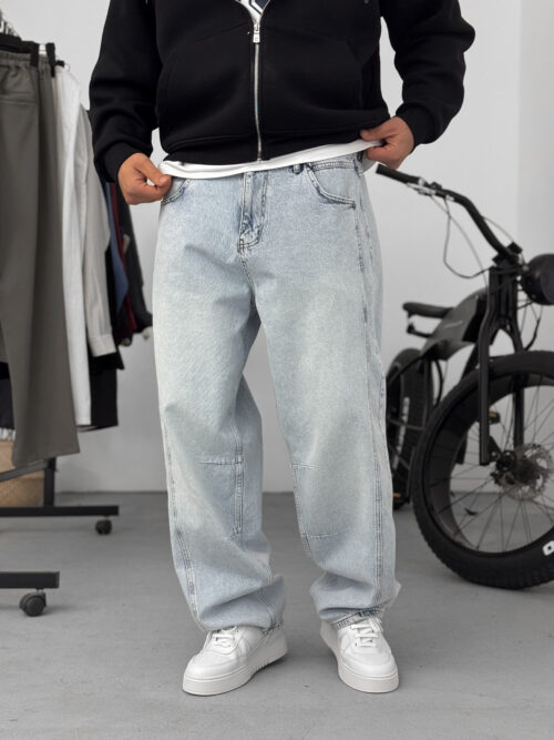 KE Ice Blue Baggy Pants with Stitching Detail