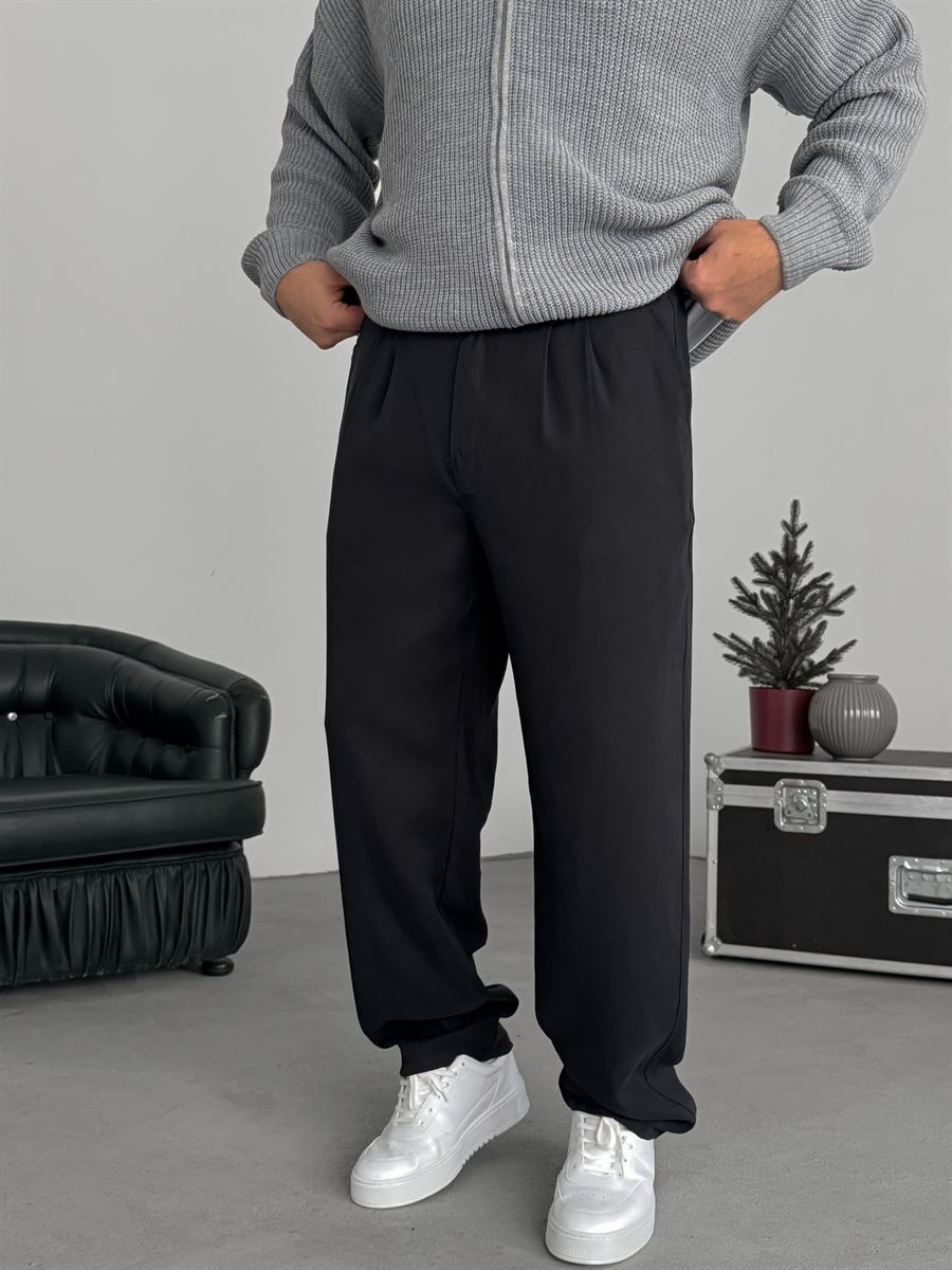 KE - Black Pleated Tencel Fabric Baggy Pants