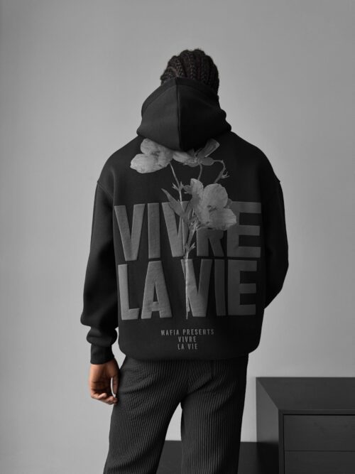 KM Oversize Vivre La Vie Hoodie - Black and Grey