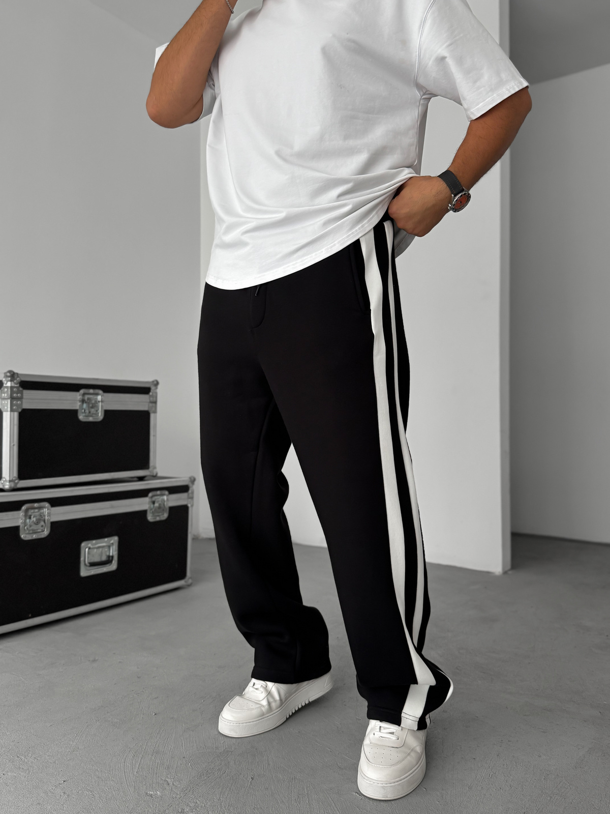 PM BLACK STRIPED STRAIGHT LEG SWEATPANTS