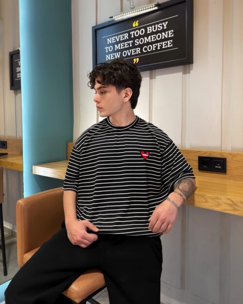 BLUE HEART STRIPED BLACK TSHIRT