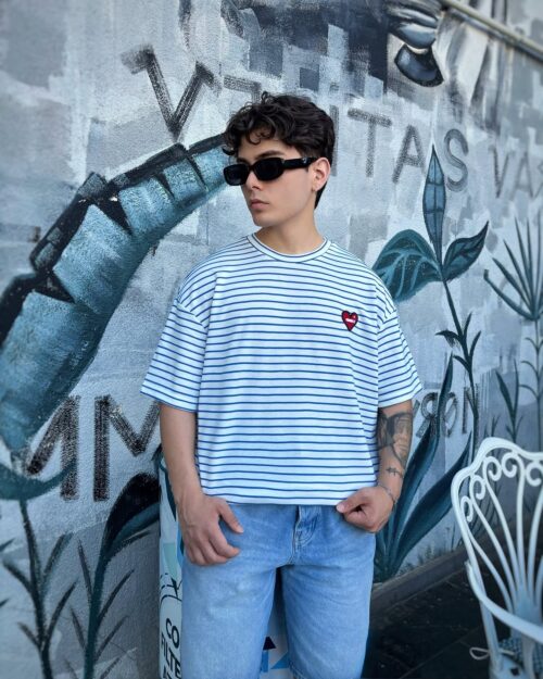 BLUE HEART STRIPED BABY BLUE TSHIRT