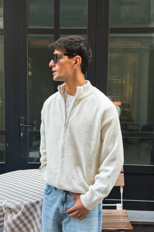 KNIT FULL ZIPPER BEIGE SWEATSHIRT