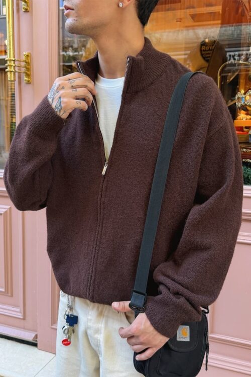 KNIT FULL ZIPPER BROWN SWEATSHIRT