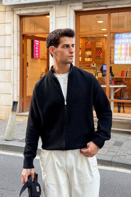 KNIT FULL ZIPPER BLACK SWEATSHIRT